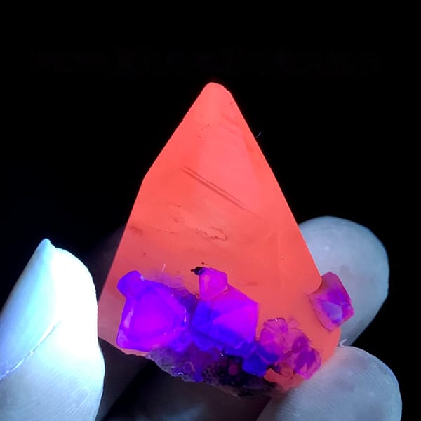 Milky calcite point with pale green fluorite octahedra from Fujian, China, second angle