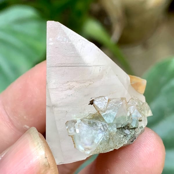 Milky calcite point with pale green fluorite octahedra from Fujian, China, close-up of the crystal faces