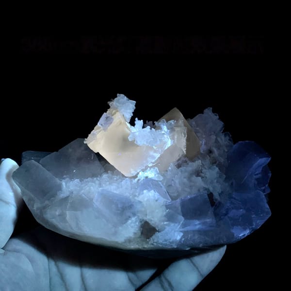 Large apophyllite plate with pink stilbite and calcite from India, second angle
