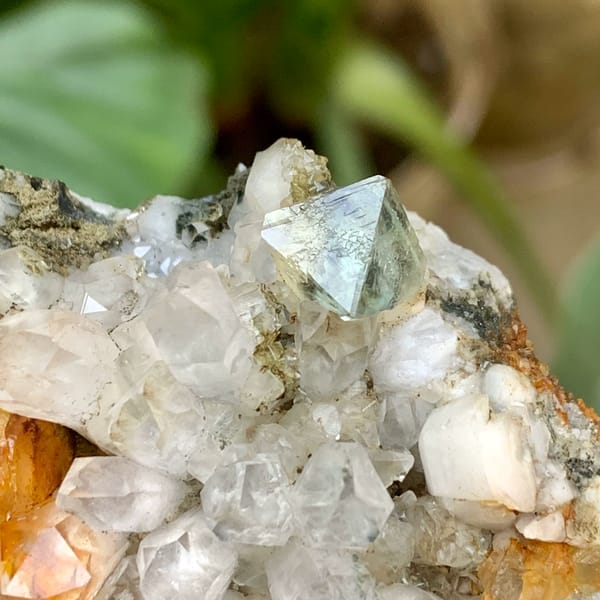 Yellow and green fluorite octahedra on white quartz from Fujian, China, reverse side