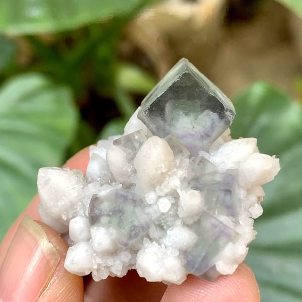Purple-green transparent fluorite cube on white quartz from Inner Mongolia, China