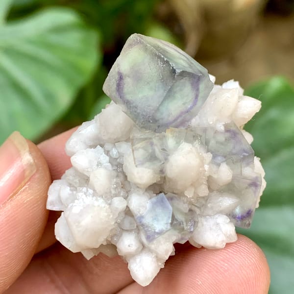 Purple-green transparent fluorite cube on white quartz from Inner Mongolia, China, second angle