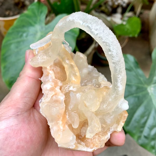 Arched calcite stalactite over crystal cluster from Yunnan, China, top view