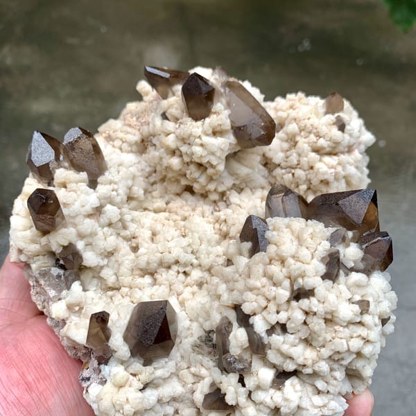 Dark smoky quartz points on cream feldspar mound from Fujian, China, second angle