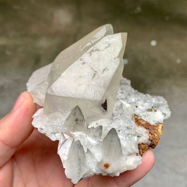 Large twinned calcite crystal with sketch-pattern lines from Hubei, China, reverse side