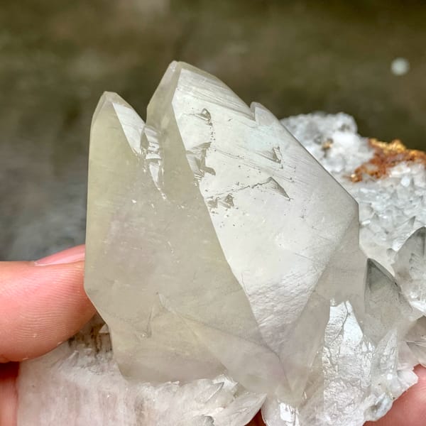 Large twinned calcite crystal with sketch-pattern lines from Hubei, China, top view