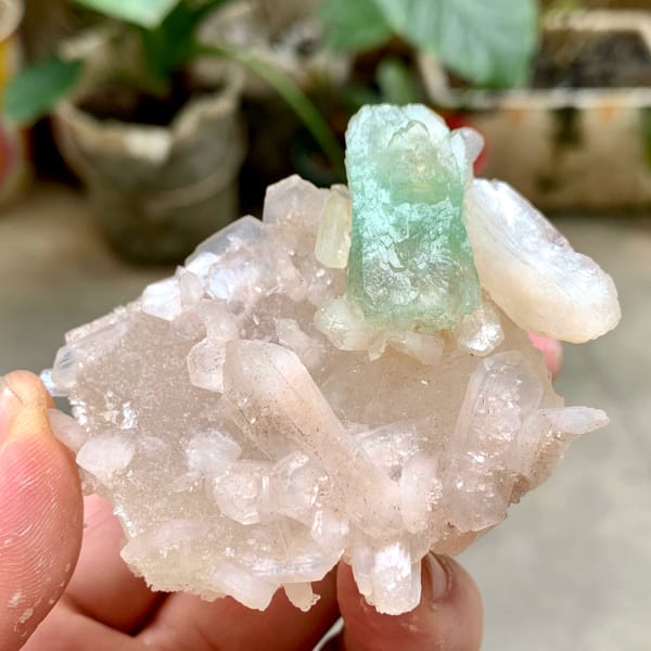 Mint-green apophyllite crystal on pink stilbite from India, second angle