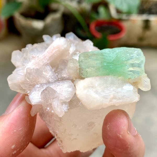 Mint-green apophyllite crystal on pink stilbite from India, close-up of the crystal faces