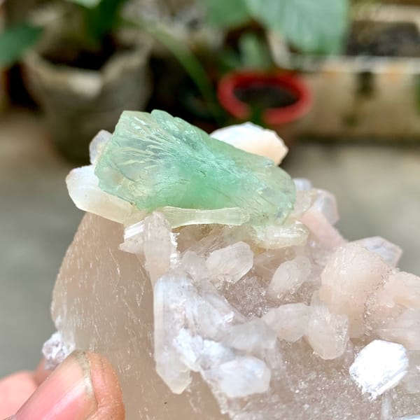 Mint-green apophyllite crystal on pink stilbite from India, reverse side