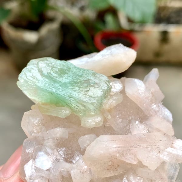 Mint-green apophyllite crystal on pink stilbite from India, top view