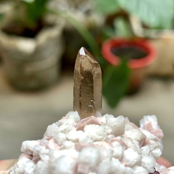 Smoky quartz point on pale feldspar with garnet from Fujian, China, close-up of the crystal faces
