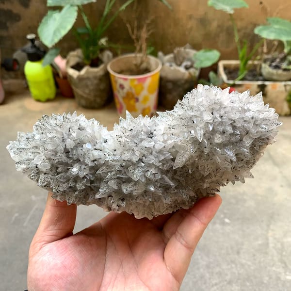 Long plate of sharp-pointed calcite crystals with pyrite from Hubei, China, held in hand