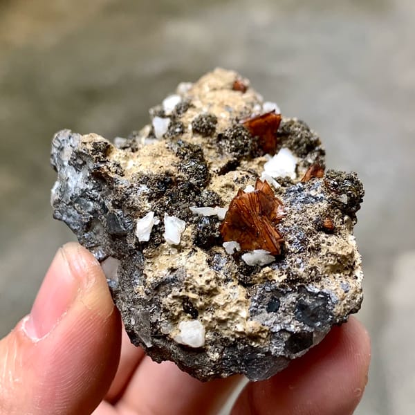 Orange-brown helvine crystals on garnet and magnetite from Inner Mongolia, China, reverse side