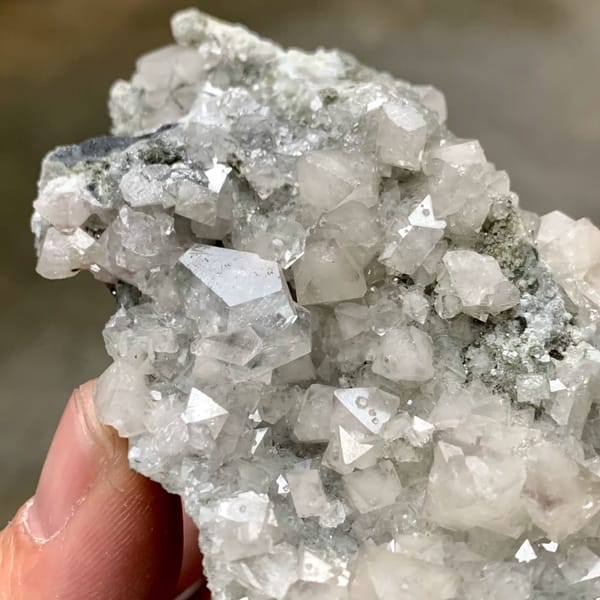 Pale scheelite crystals with white calcite from Yaogangxian Mine, Hunan, China, top view
