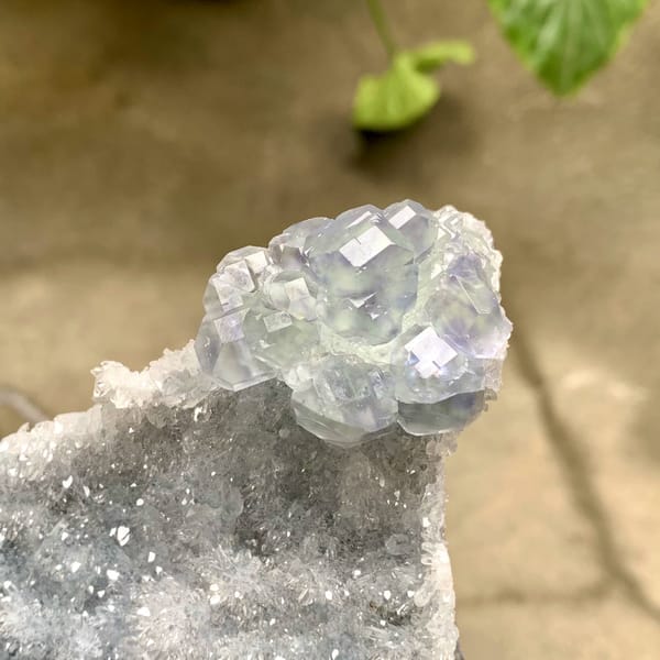 Long plate of sparkling quartz druse with blue-cored fluorite from Fujian, China, second angle