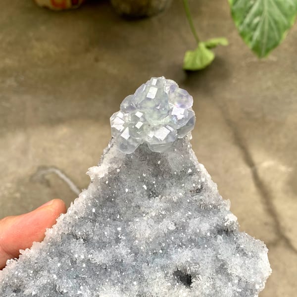 Long plate of sparkling quartz druse with blue-cored fluorite from Fujian, China, reverse side