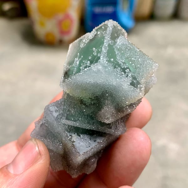 Three sugar-frosted green fluorite cubes from Fujian, China, reverse side