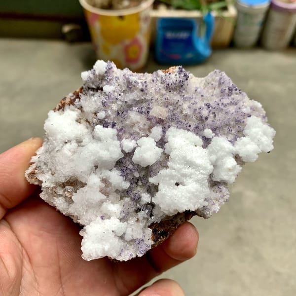 Purple yttrofluorite with white gypsum crust from Guizhou, China, reverse side