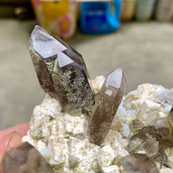 Smoky quartz points with chlorite on cream feldspar from Fujian, China, second angle