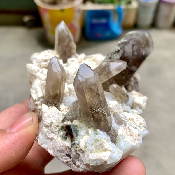 Smoky quartz points with chlorite on cream feldspar from Fujian, China, close-up of the crystal faces