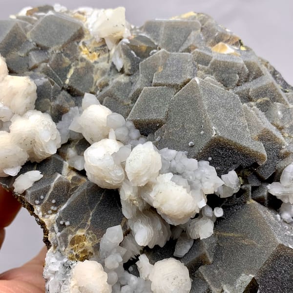 Dark garnet crystals with white calcite balls from Inner Mongolia, China, close-up of the crystal faces