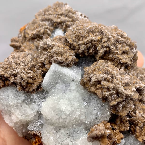 Chocolate-brown calcite over white sugar fluorite from Fujian, China, second angle