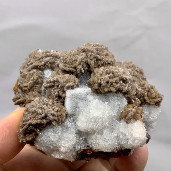 Chocolate-brown calcite over white sugar fluorite from Fujian, China, detail of the matrix contact