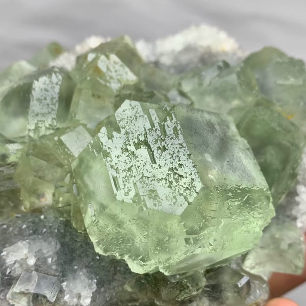 Cluster of large glassy sea-green fluorite cubes from Fujian, China, second angle