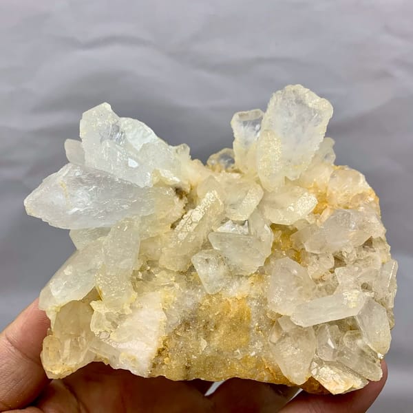 Serrated translucent baryte blades on golden matrix from Jinkouhe, Sichuan, China, held in hand