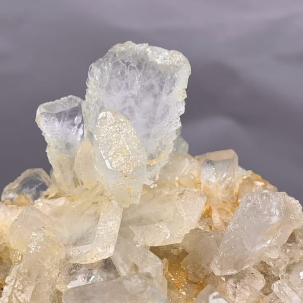 Serrated translucent baryte blades on golden matrix from Jinkouhe, Sichuan, China, close-up of the crystal faces