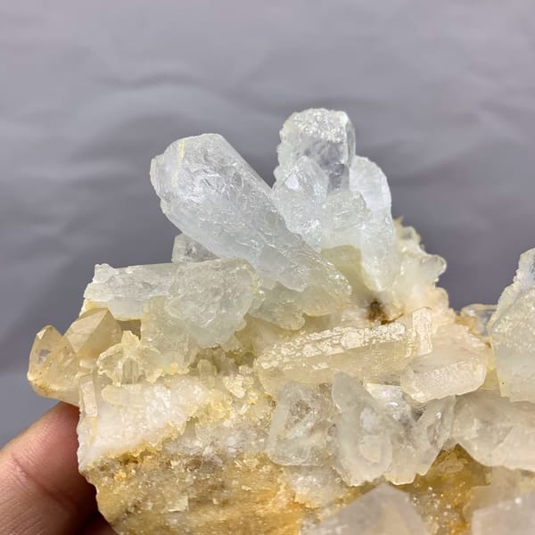 Serrated translucent baryte blades on golden matrix from Jinkouhe, Sichuan, China, reverse side