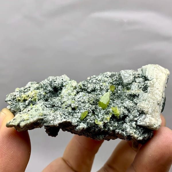Yellow-green titanite crystals on green chlorite plate from Pakistan, held in hand