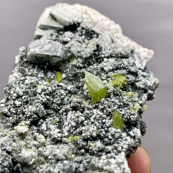Yellow-green titanite crystals on green chlorite plate from Pakistan, reverse side