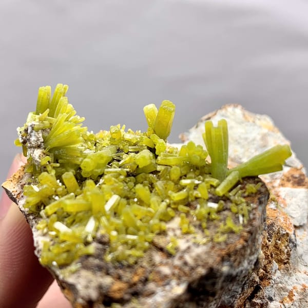 Matcha-green pyromorphite prisms on brown matrix from Guangxi, China, second angle