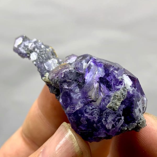 Tadpole-shaped violet fluorite floater with grey quartz from Fujian, China, held in hand