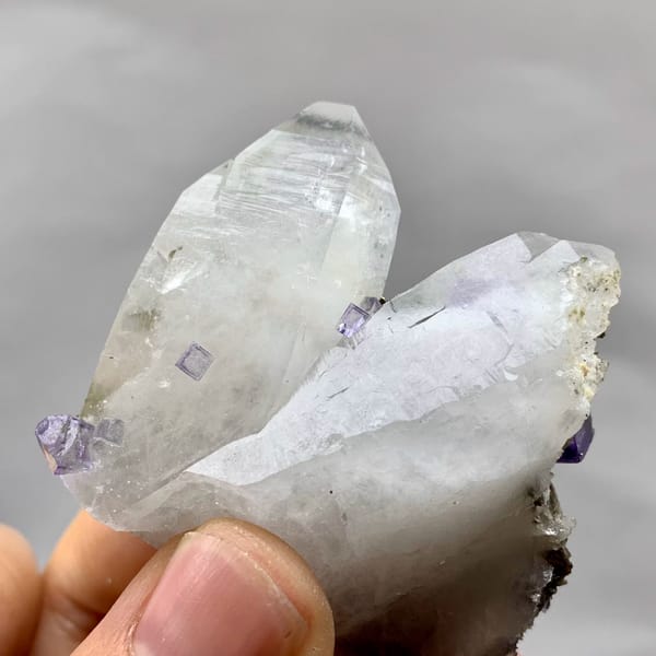 Purple fluorite cubes with pyrite on clear quartz from Yaogangxian Mine, Hunan, China, top view