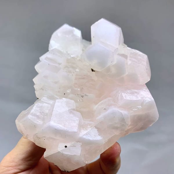 Soft pink calcite crystals with pyrite from Fujian, China, top view