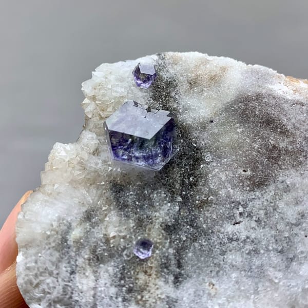 Single blue fluorite crystal on grey quartz druse from Fujian, China, close-up of the crystal faces