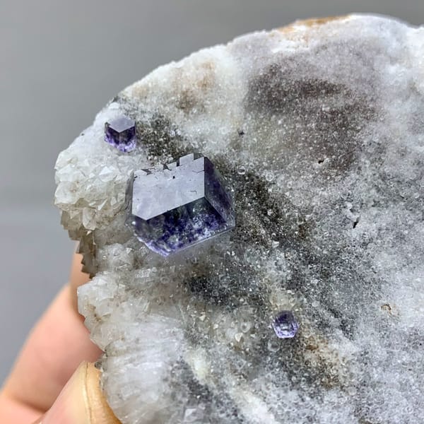 Single blue fluorite crystal on grey quartz druse from Fujian, China, reverse side