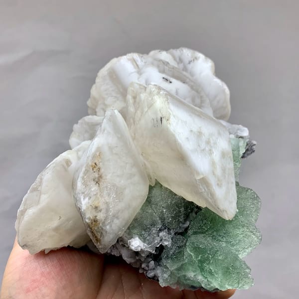 Huge shell-shaped white calcite crystals over green fluorite from Fujian, China, reverse side