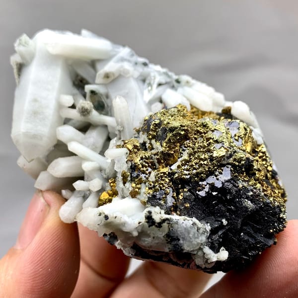 Golden chalcopyrite and black marmatite with white quartz from Inner Mongolia, China, reverse side