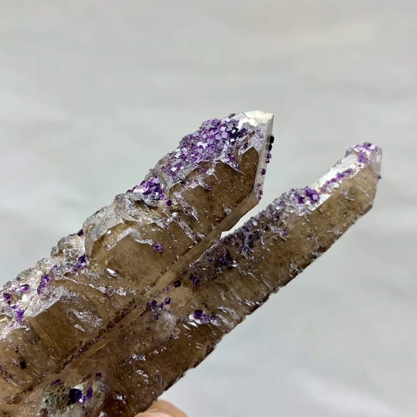 Two tea-brown quartz prisms with purple fluorite caps from Inner Mongolia, China, close-up of the crystal faces