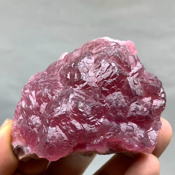 Raspberry-red cobaltoan calcite crust from Morocco, held in hand