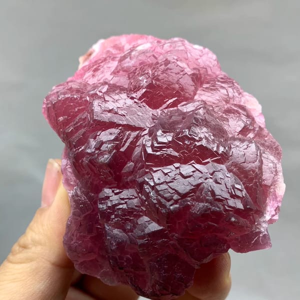 Raspberry-red cobaltoan calcite crust from Morocco, top view