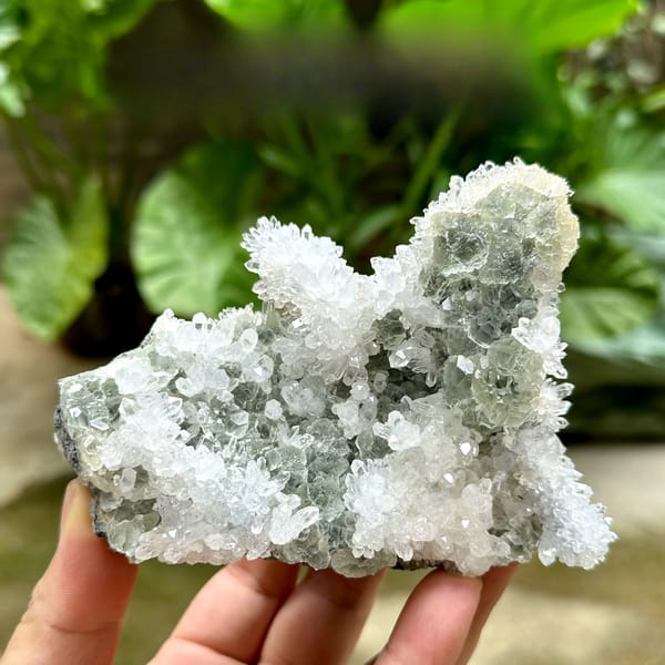 Sparkling white quartz cluster with green fluorite from Fujian, China, held in hand