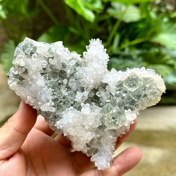 Sparkling white quartz cluster with green fluorite from Fujian, China, second angle