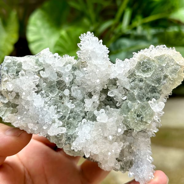 Sparkling white quartz cluster with green fluorite from Fujian, China, close-up of the crystal faces