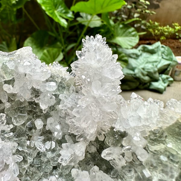 Sparkling white quartz cluster with green fluorite from Fujian, China, reverse side