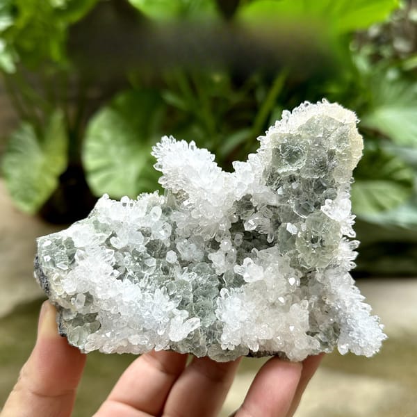 Sparkling white quartz cluster with green fluorite from Fujian, China, detail of the matrix contact