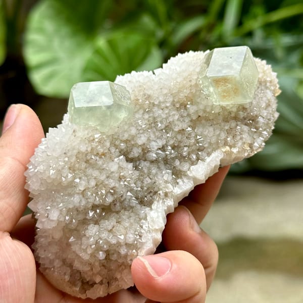 Two transparent green dodecahedral fluorite crystals on white quartz from Fujian, China, reverse side